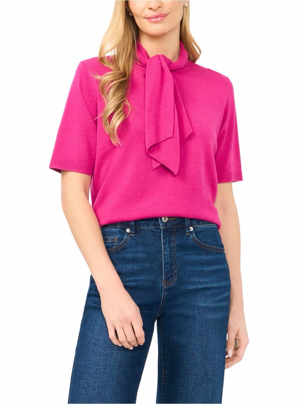 NWT Halogen Fuchsia Pink Tie Neck Short Sleeve Sweater Size XL